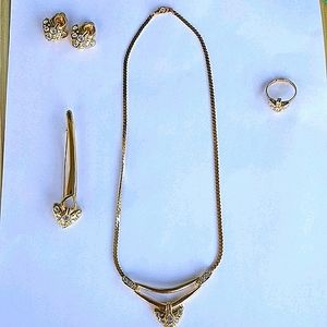 Vintage Heart Necklace, Clip-on Earring, Ring & Brooch Bundle Set